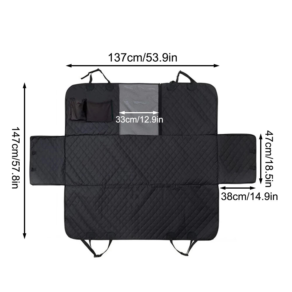 Quilted dog car hammock dimensions: 137 x 147cm with 33cm mesh window and 47 x 38cm side flaps