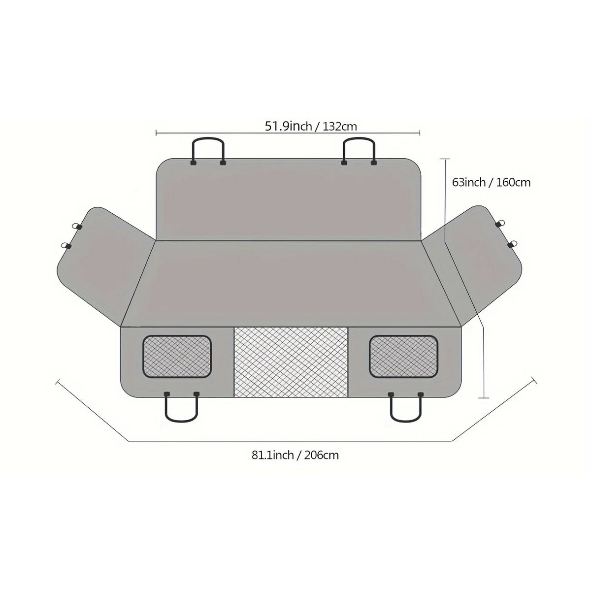Grey rear seat extender dimensions: 132cm wide, 160cm long, 206cm including door flaps