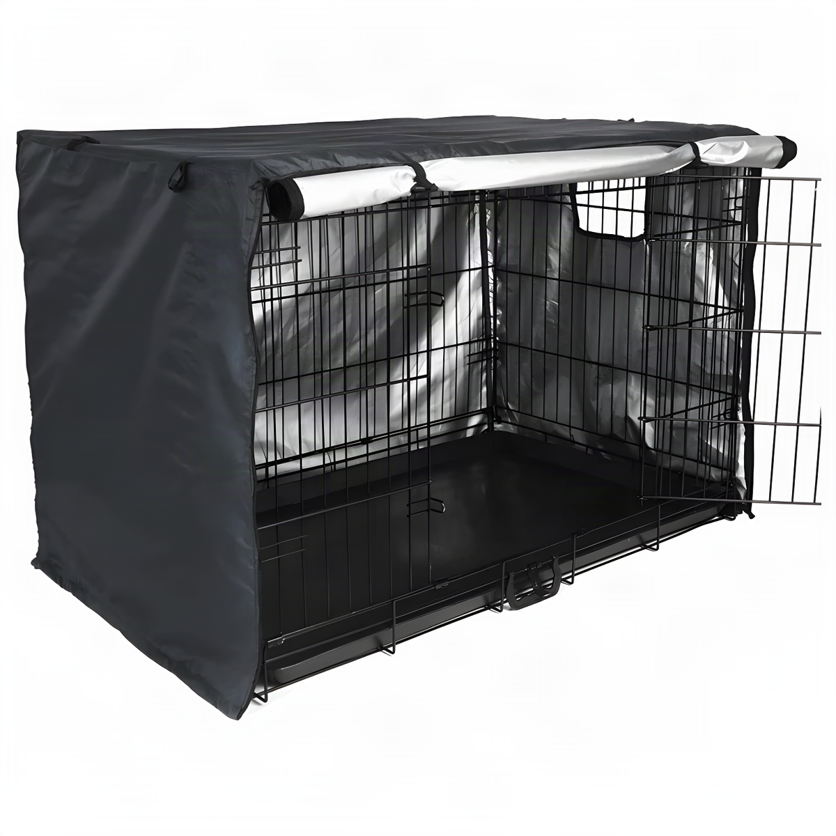 Two-door crate cover with silver lining, one side rolled up