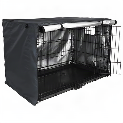 Two-door crate cover with silver lining, one side rolled up