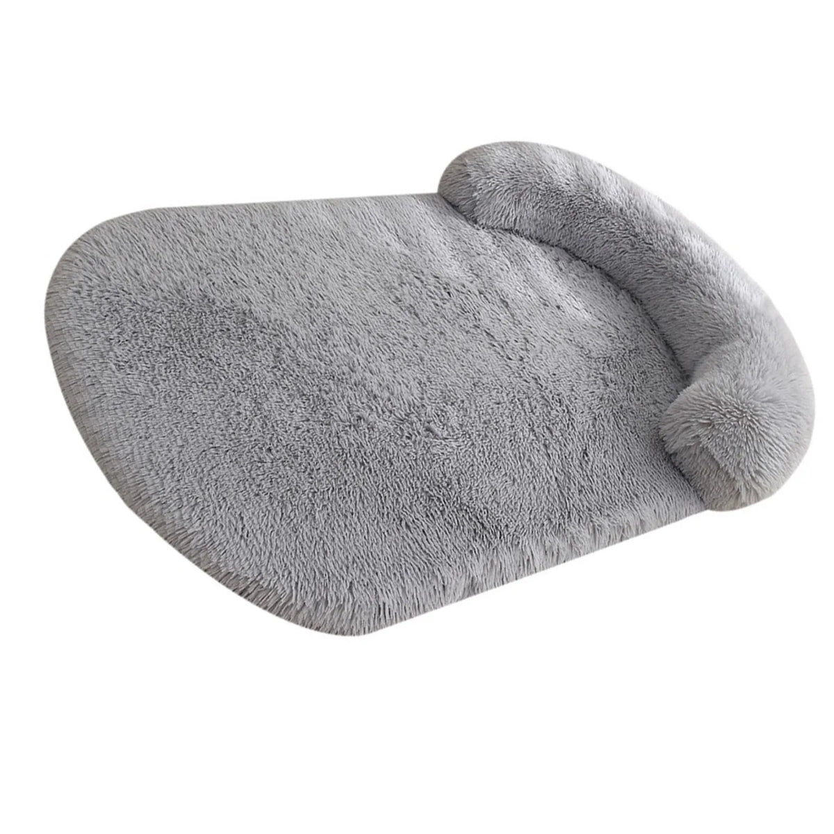 Light grey plush bolster bed, side view