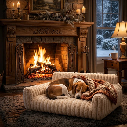 Beagle sleeping on the cream corduroy sofa bed by a fireplace