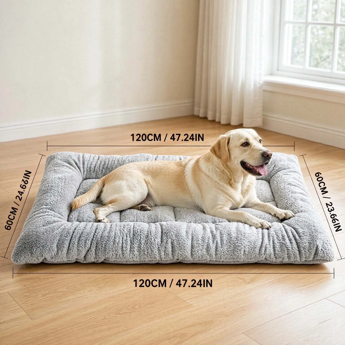 Labrador on the thick grey plush sleeping pad, 120 x 60cm dimensions shown