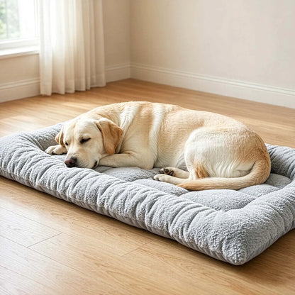 Labrador sleeping on the grey plush pad on a wooden floor