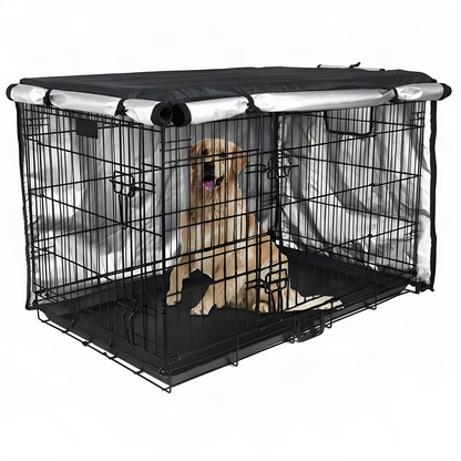 Golden retriever in a wire crate with the two-door cover rolled up