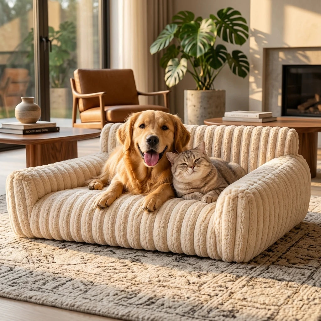 Golden retriever and cat on the cream corduroy fleece sofa bed