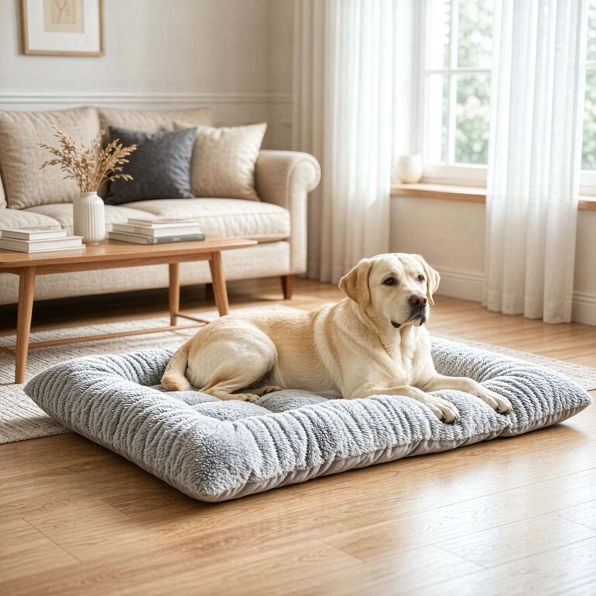 Labrador lying on the grey plush sleeping pad in a living room