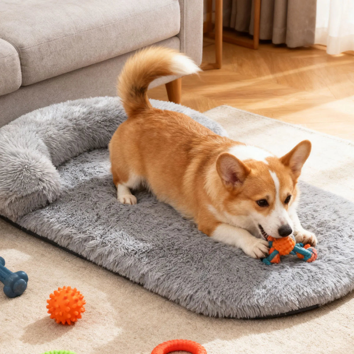 Corgi playing on the light grey plush bolster bed