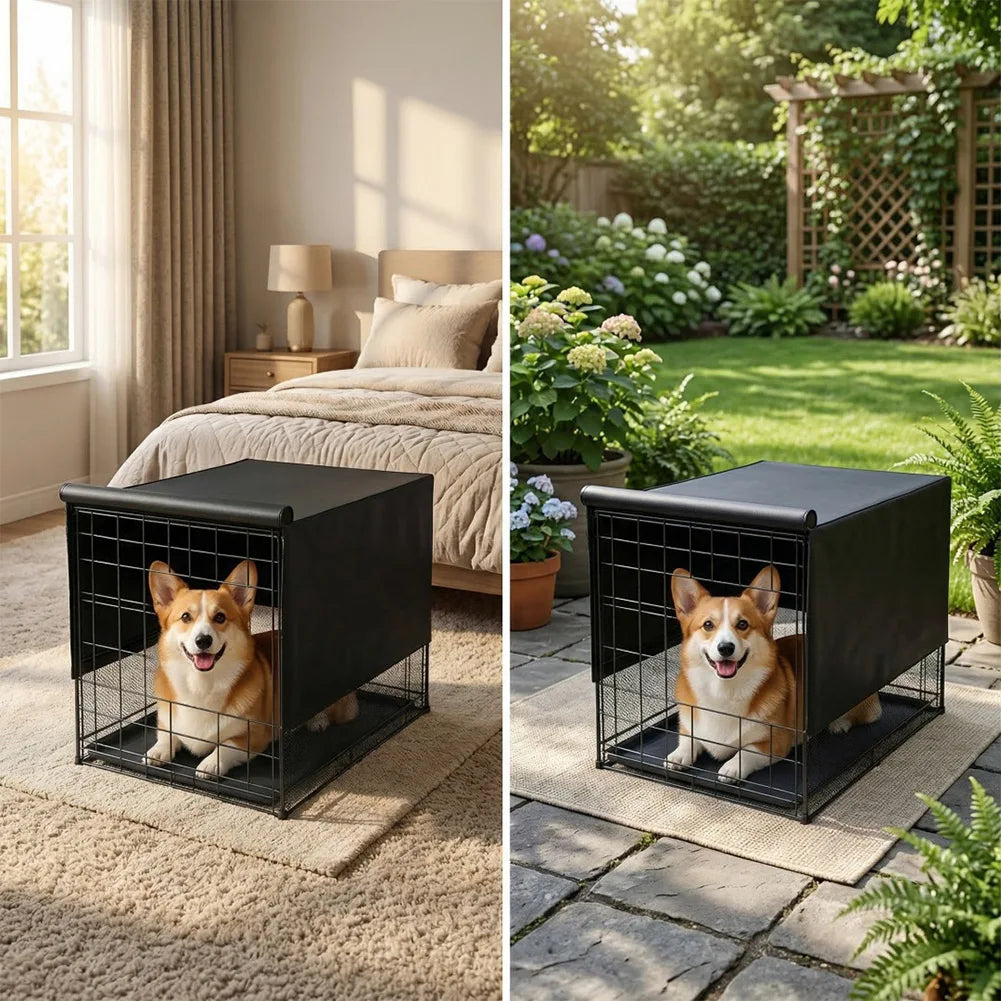 Corgi in a covered crate indoors and in a garden