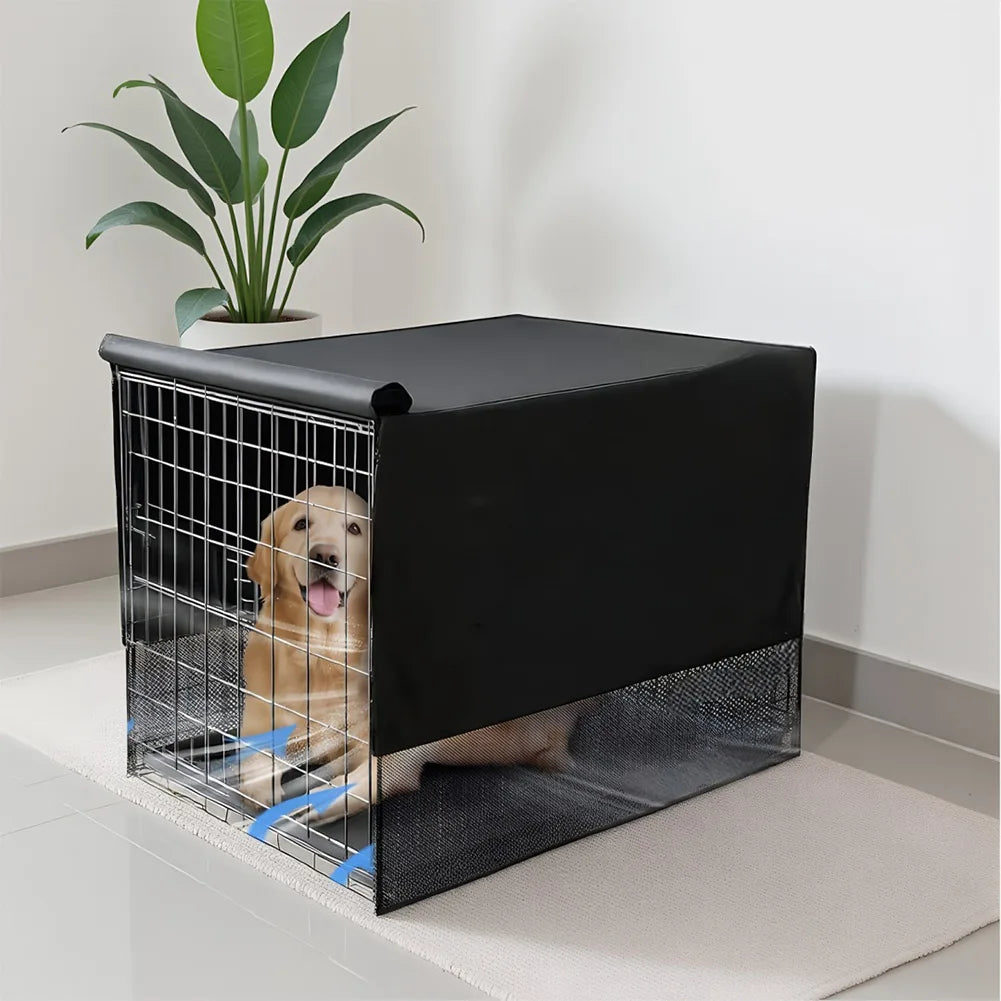Dog crate cover fitted over a wire crate