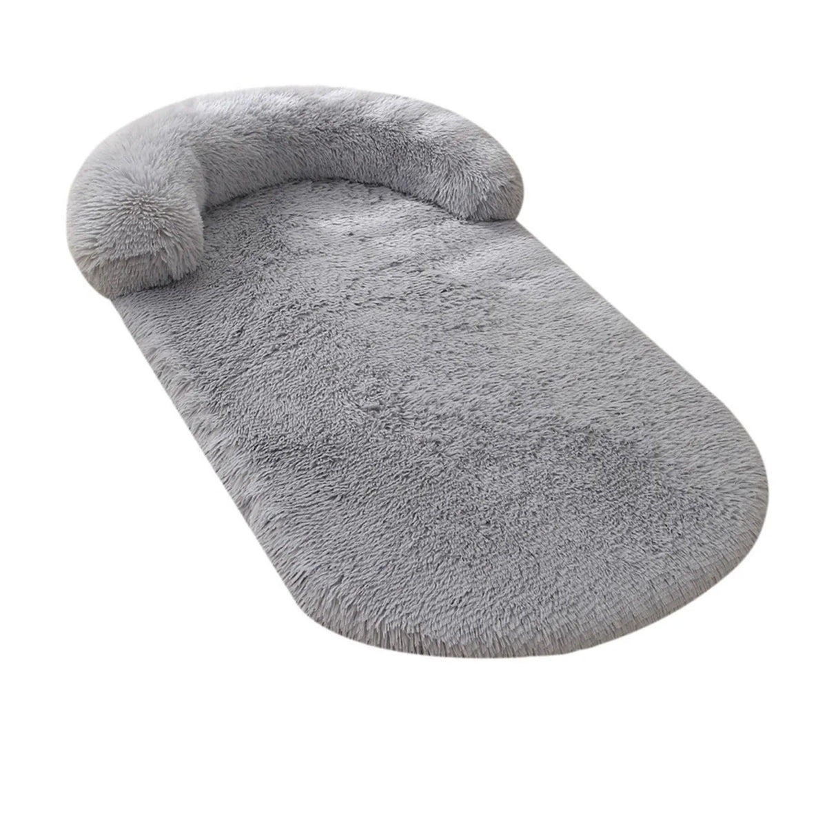 Light grey plush crate bed with bolster, angled view
