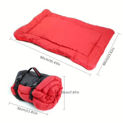 Red roll-up travel mat dimensions: 90 x 60cm flat, 30 x 20cm rolled