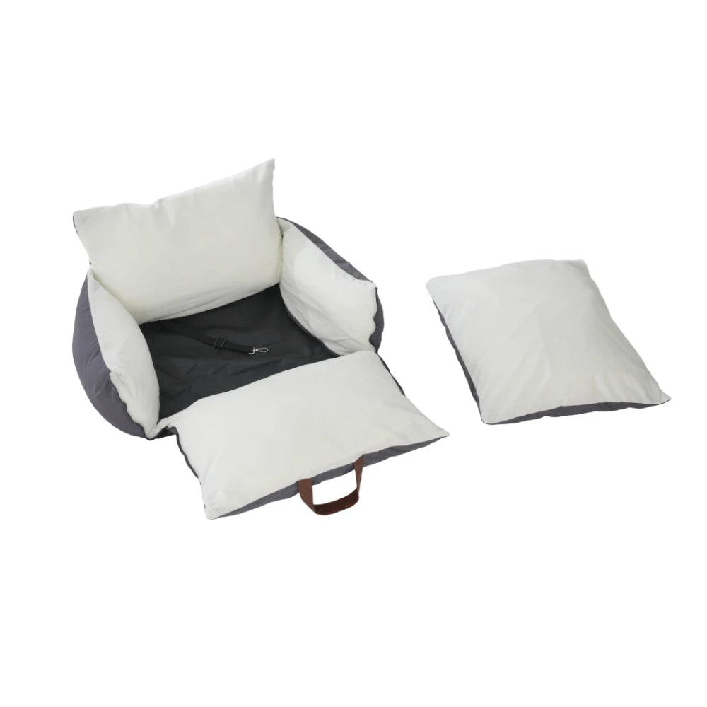 Travel car seat bed with the cream cushion removed