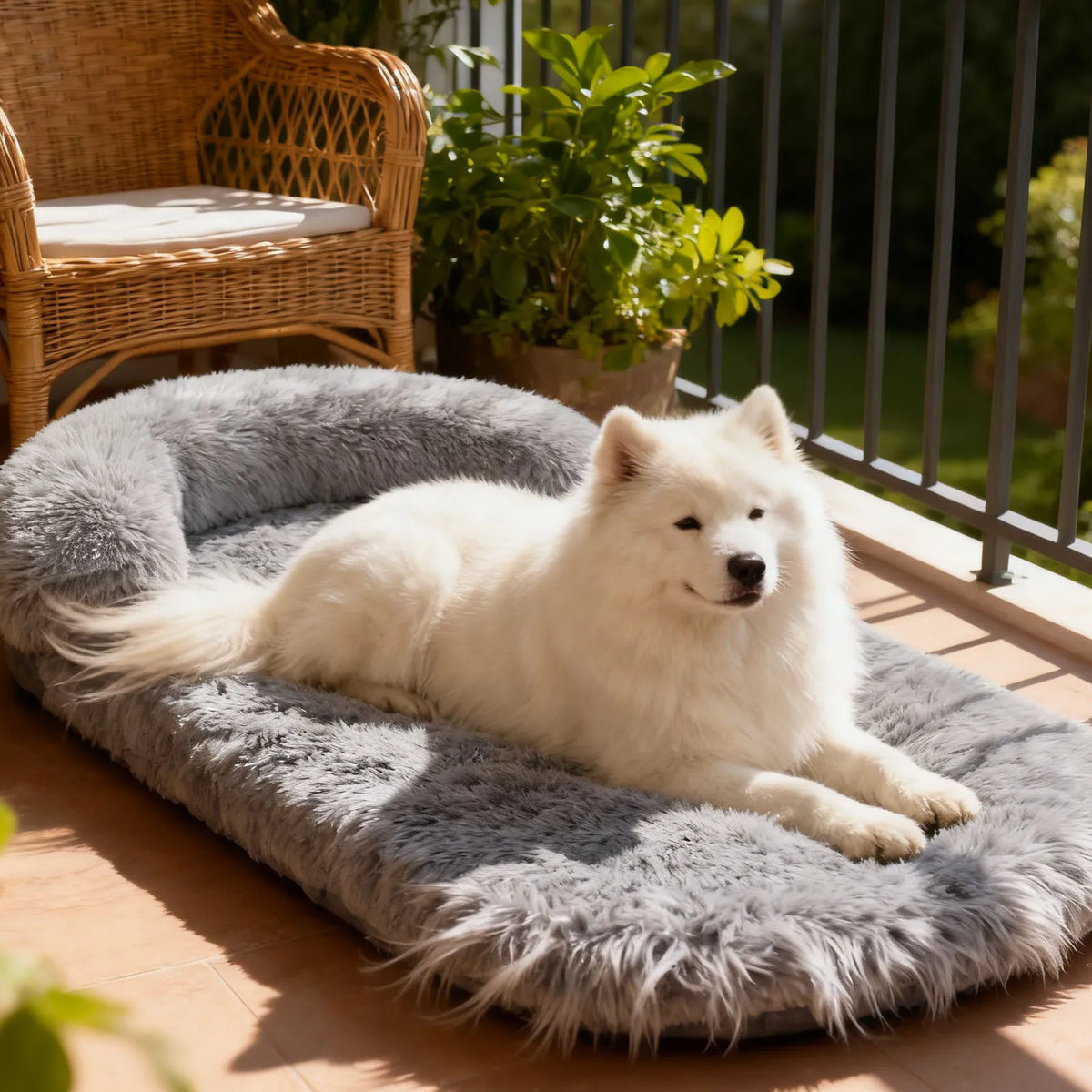 Light grey plush crate bed with bolster