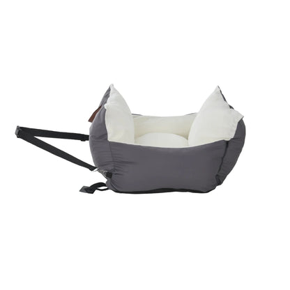 Grey travel car seat bed with seat belt strap, side view