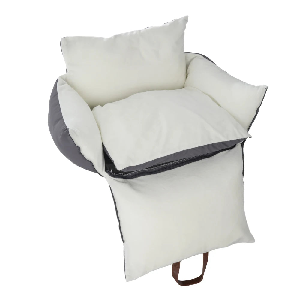 Travel car seat bed with the cream cushion folded out