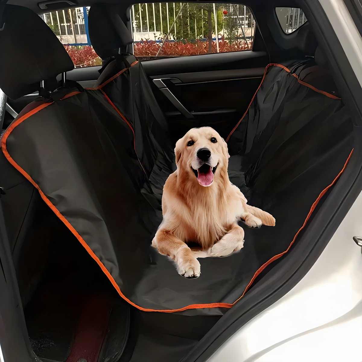 Black waterproof Oxford dog car hammock with orange trim