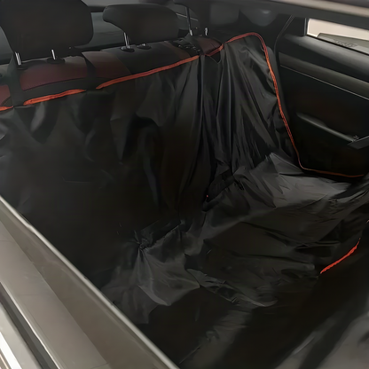 Black Oxford dog car hammock fitted in a car, side view showing the flaps