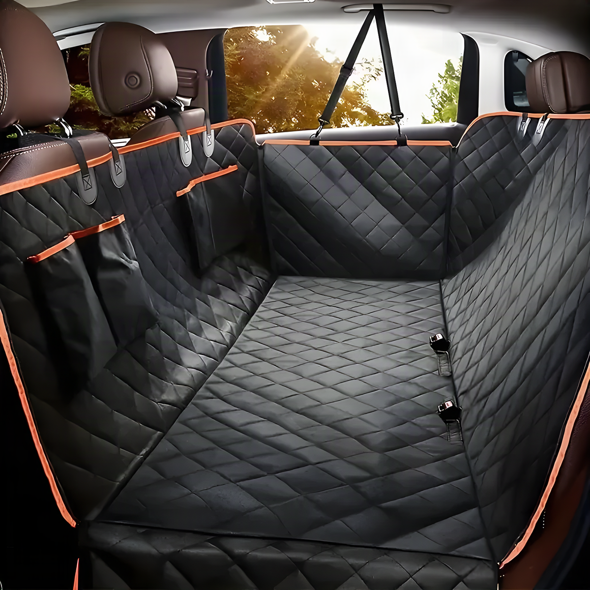 Black quilted dog car hammock with side flaps and pockets