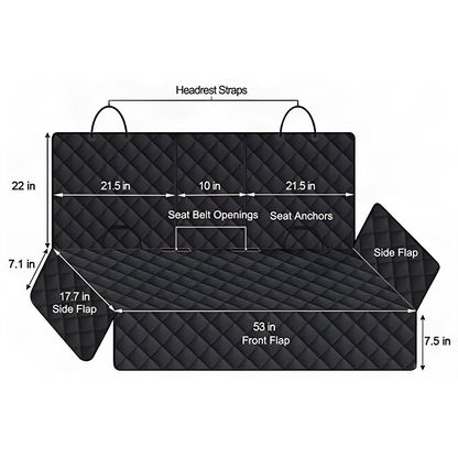Bench seat cover dimensions: 53in front flap, 22in backrest, 17.7in side flaps, seat belt openings
