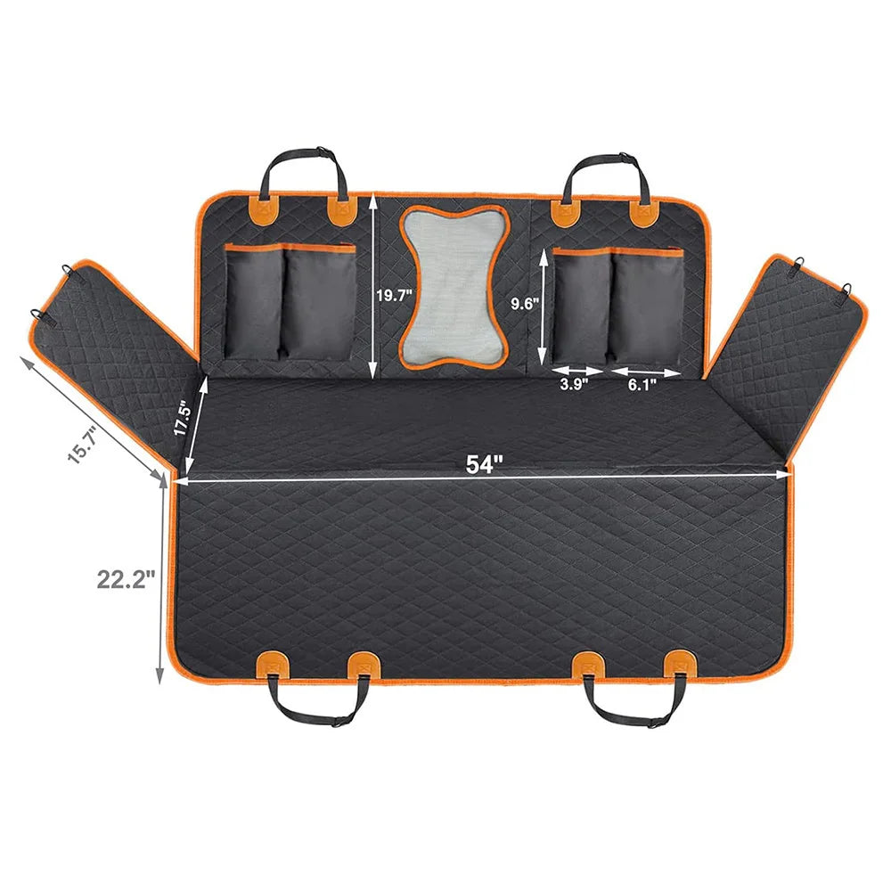 Back seat dog cover dimensions: 54in wide, 22.2in seat depth, 17.5in side flaps