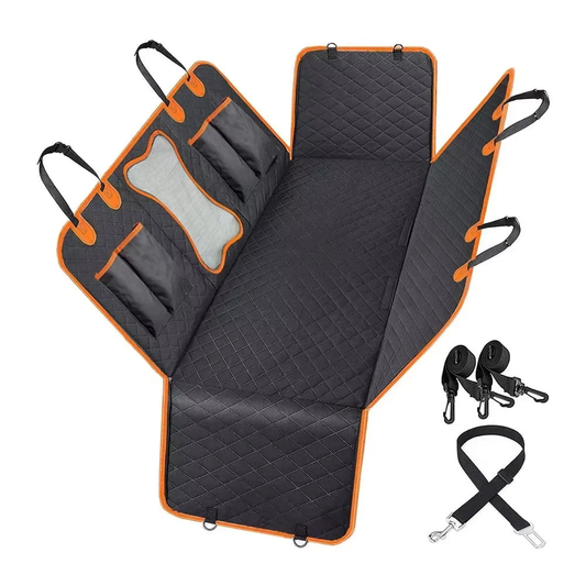 Black quilted back seat dog cover with orange trim, mesh window, pockets, headrest straps and lead tether