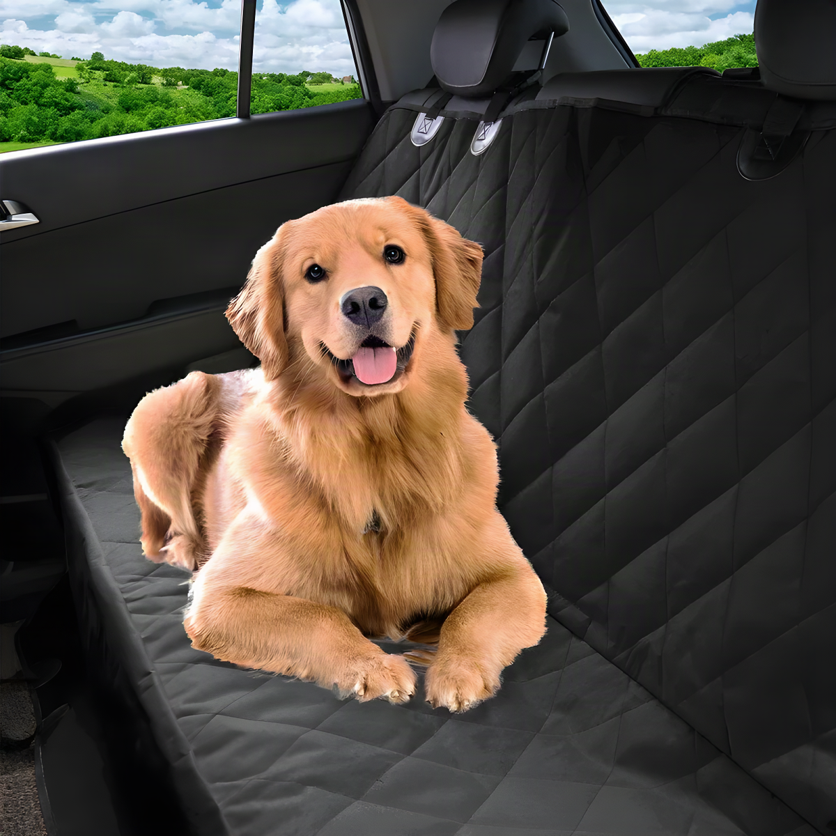 Golden retriever lying on the black quilted bench seat cover in a car