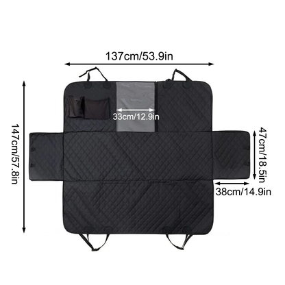Quilted dog car hammock dimensions: 137 x 147cm with 33cm mesh window and 47 x 38cm side flaps