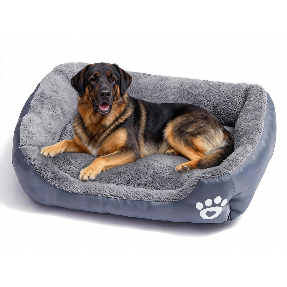 Grey plush rectangular dog bed with raised sides