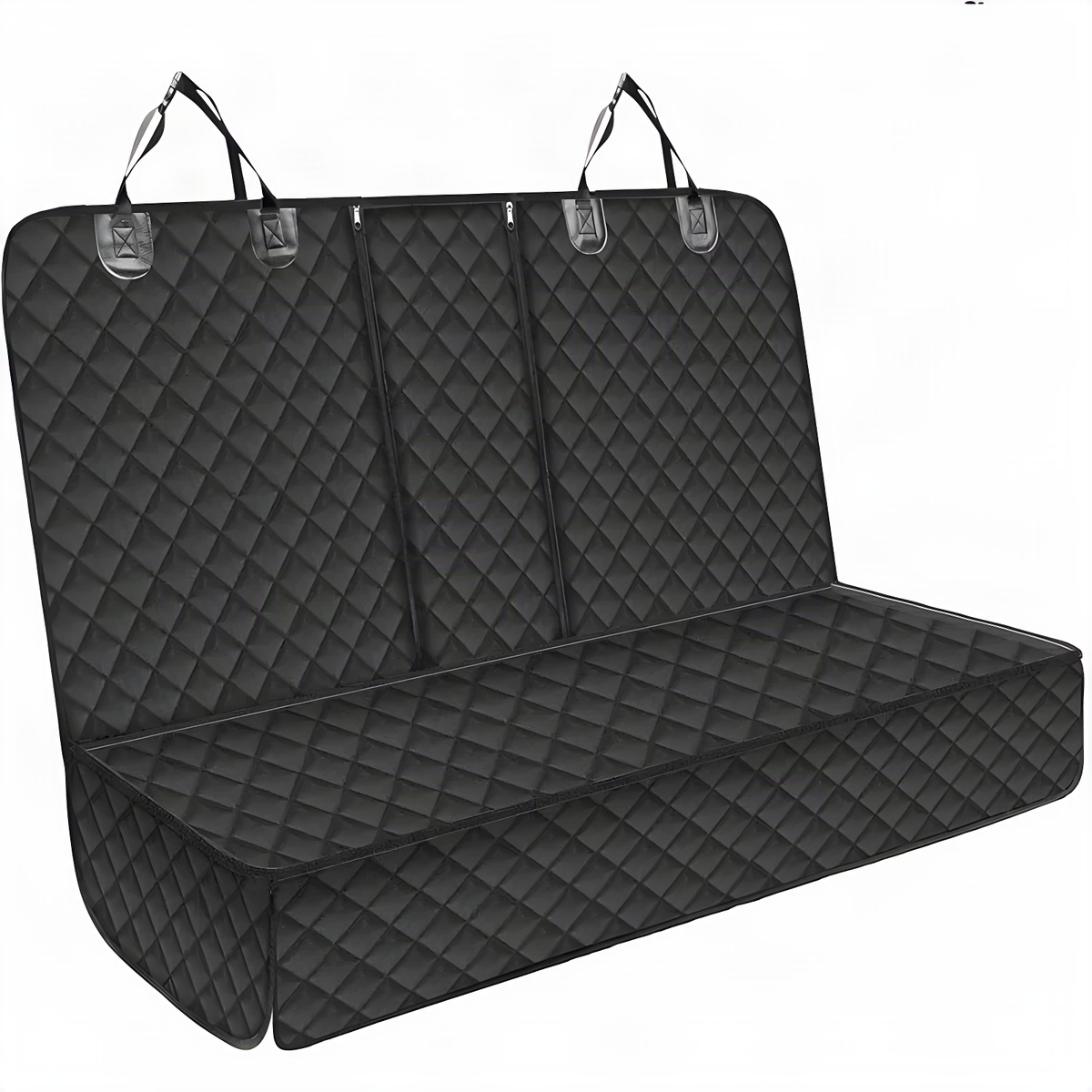 Black quilted bench seat cover with headrest straps, laid out flat