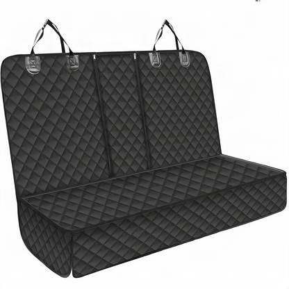 Black quilted bench seat cover with headrest straps, laid out flat