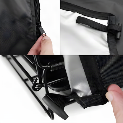 Close-up of the crate cover zip, roll-up straps and silver lining