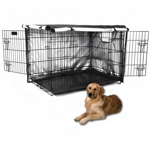 Black two-door dog crate cover with silver lining